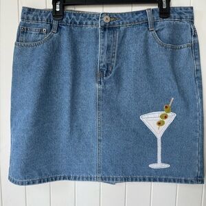 Upcycled Denim Jean skirt with hand sewn Martini glass and Olives size L